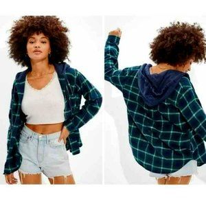 AE Oversized Flannel Hoodie, XL, Navy/Green